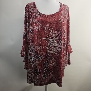 Amana size 3X floral boho maroon and white blouse. Bell sleeves